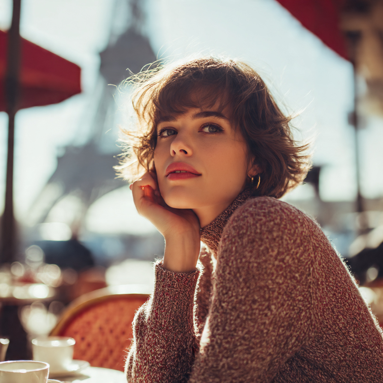 elegant woman with parisian style french shag haircut