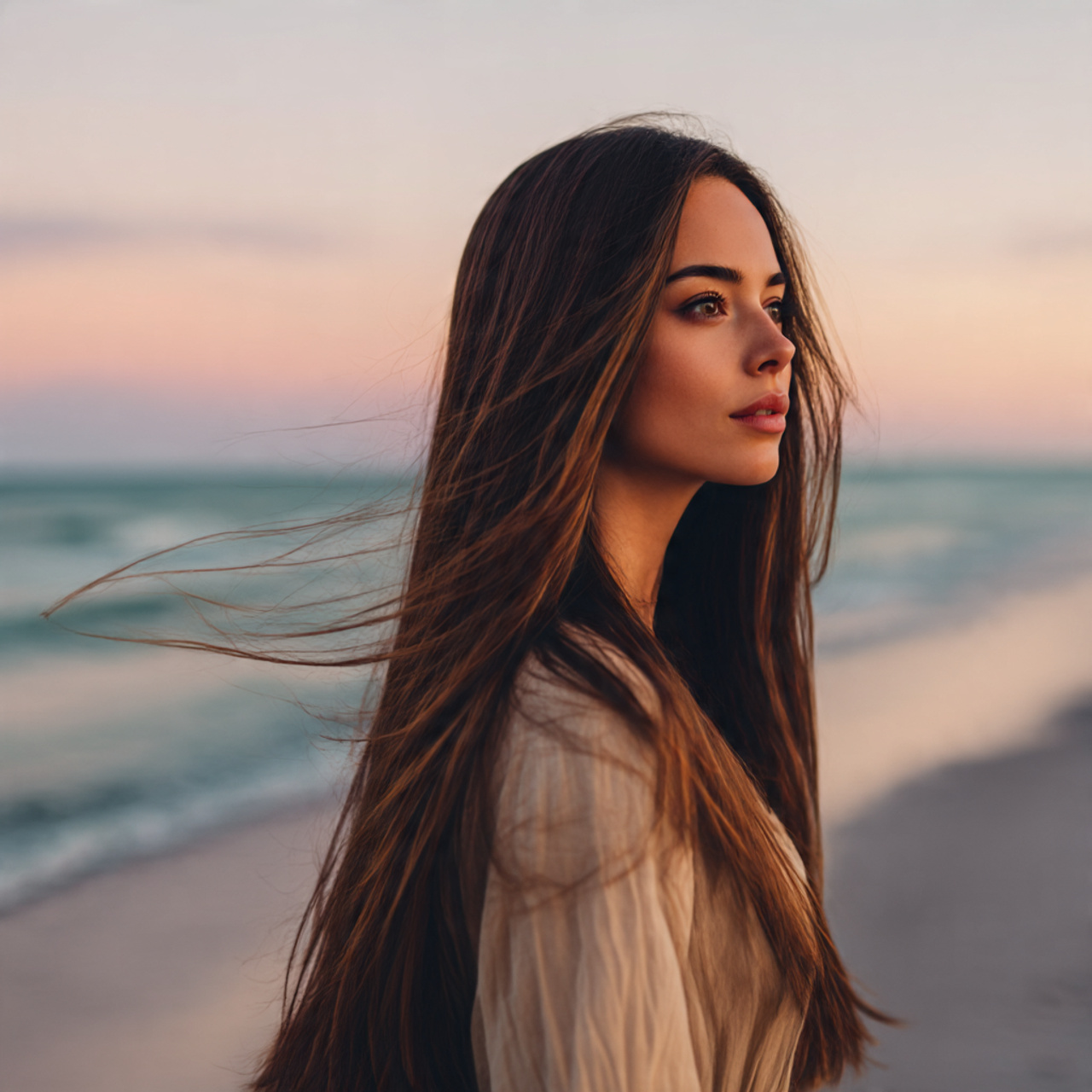 elegant woman with sleek straight hair styled