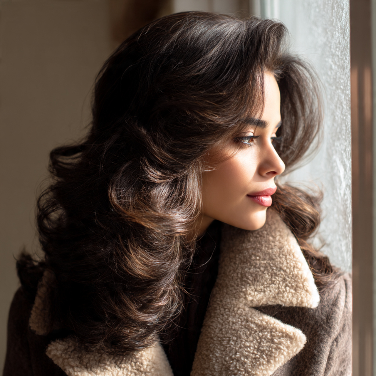 elegant woman with voluminous hair styled in