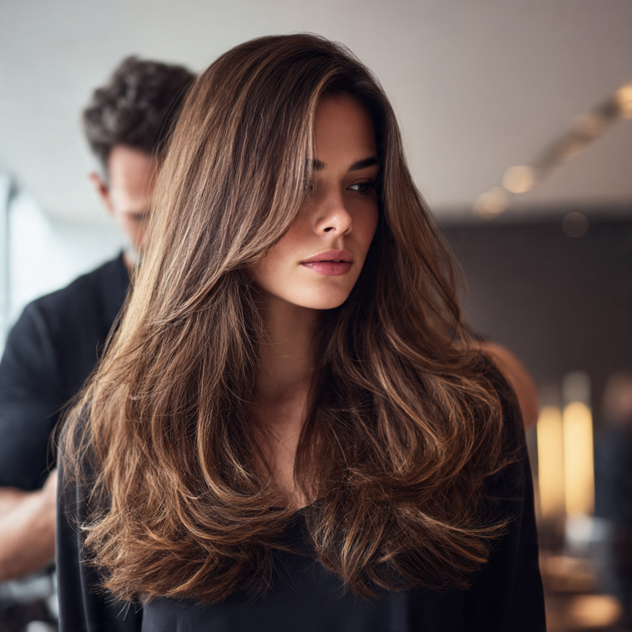 female model with long flowy hair showing