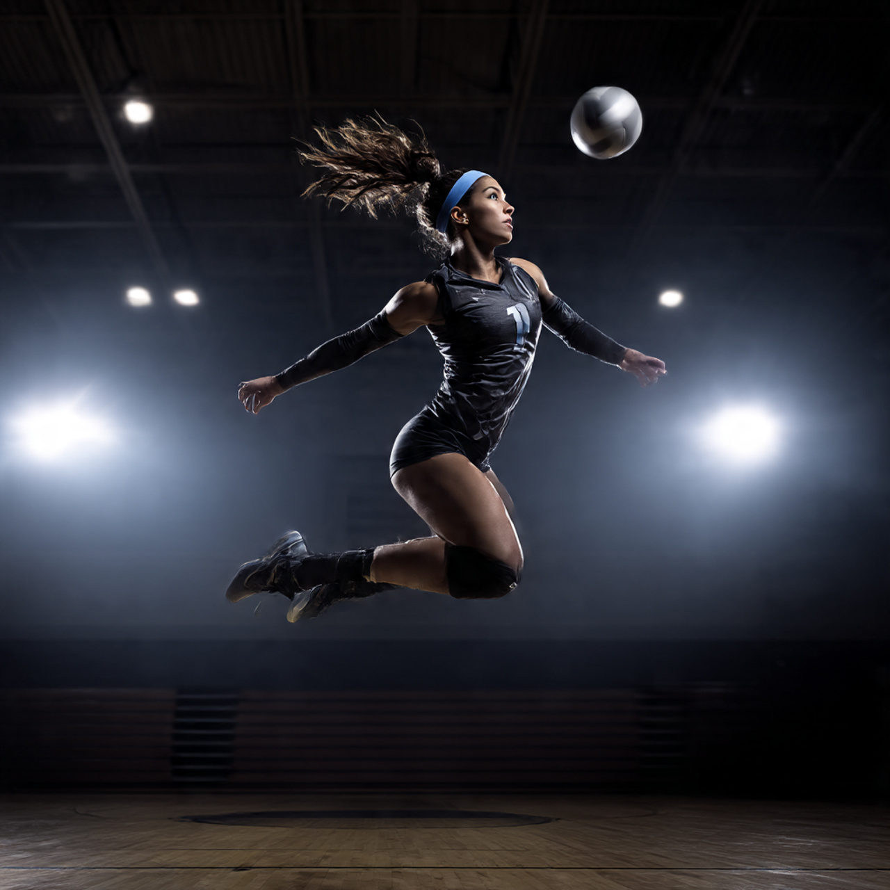 female volleyball player jumping to spike hair