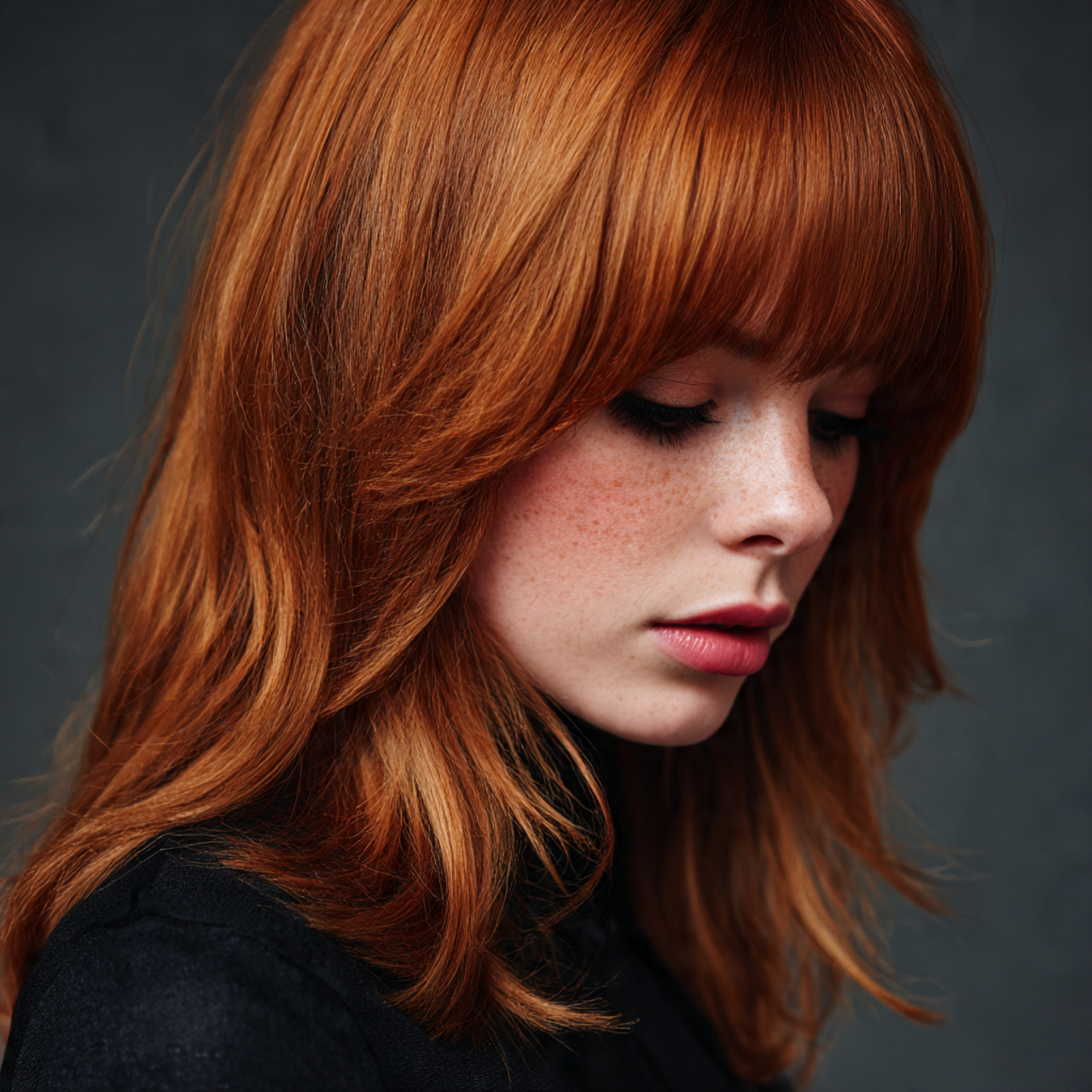 ginger wolf cut with soft side swept bangs