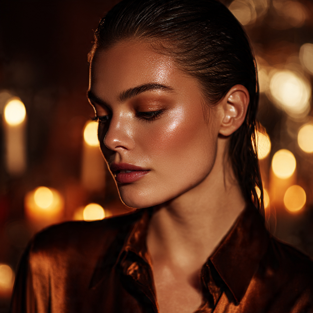 glamorous female with sophisticated slicked back wet hair