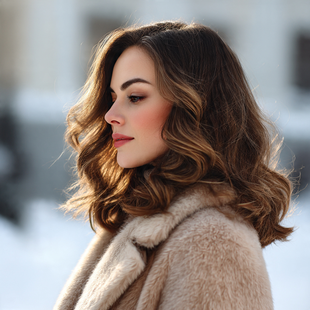 glamorous winter hairstyle voluminous blowout soft waves