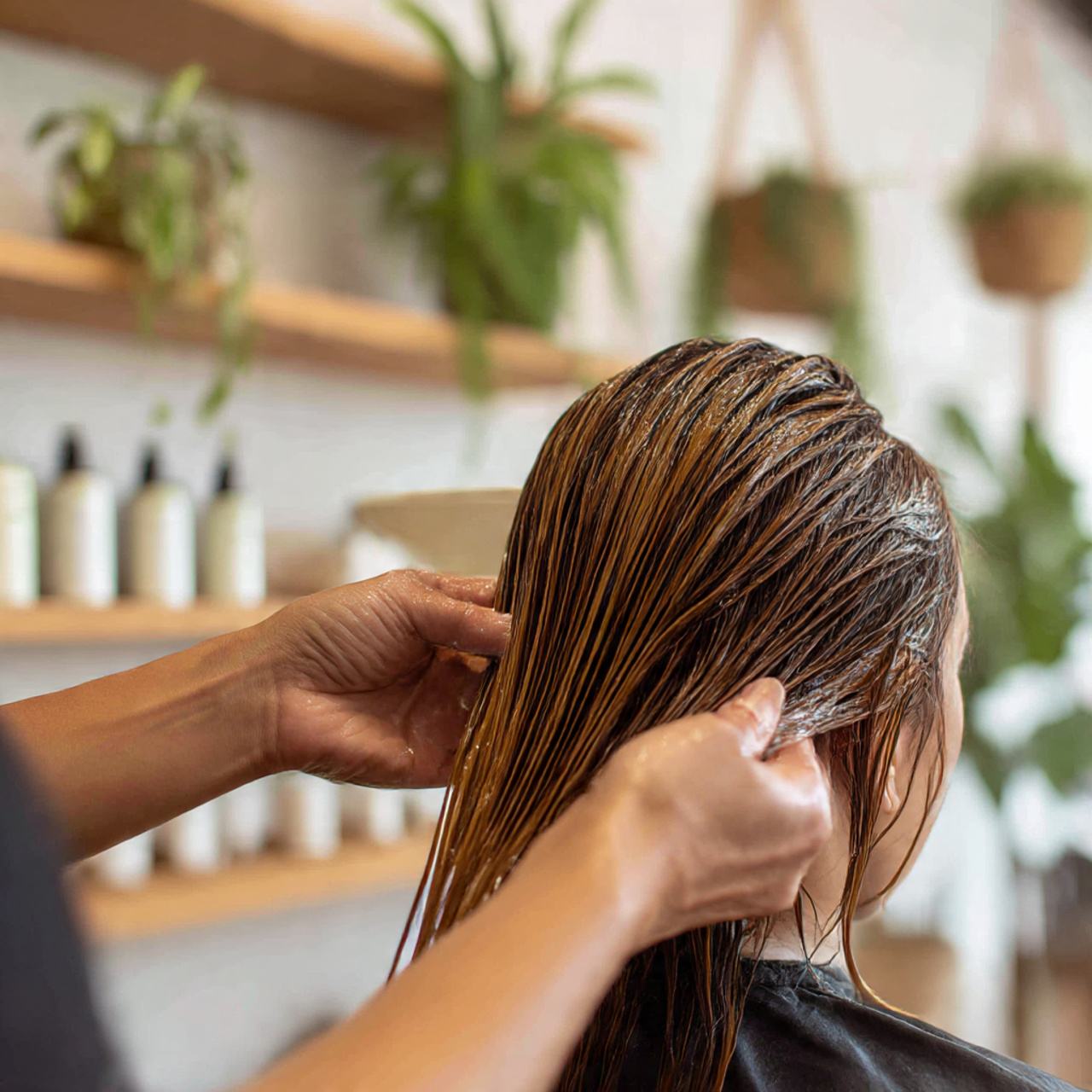 hair stylist applying a protein treatment to