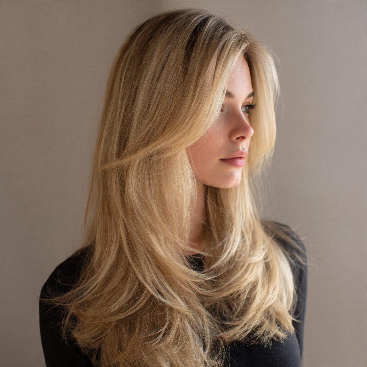 long blonde hair styled in a v cut