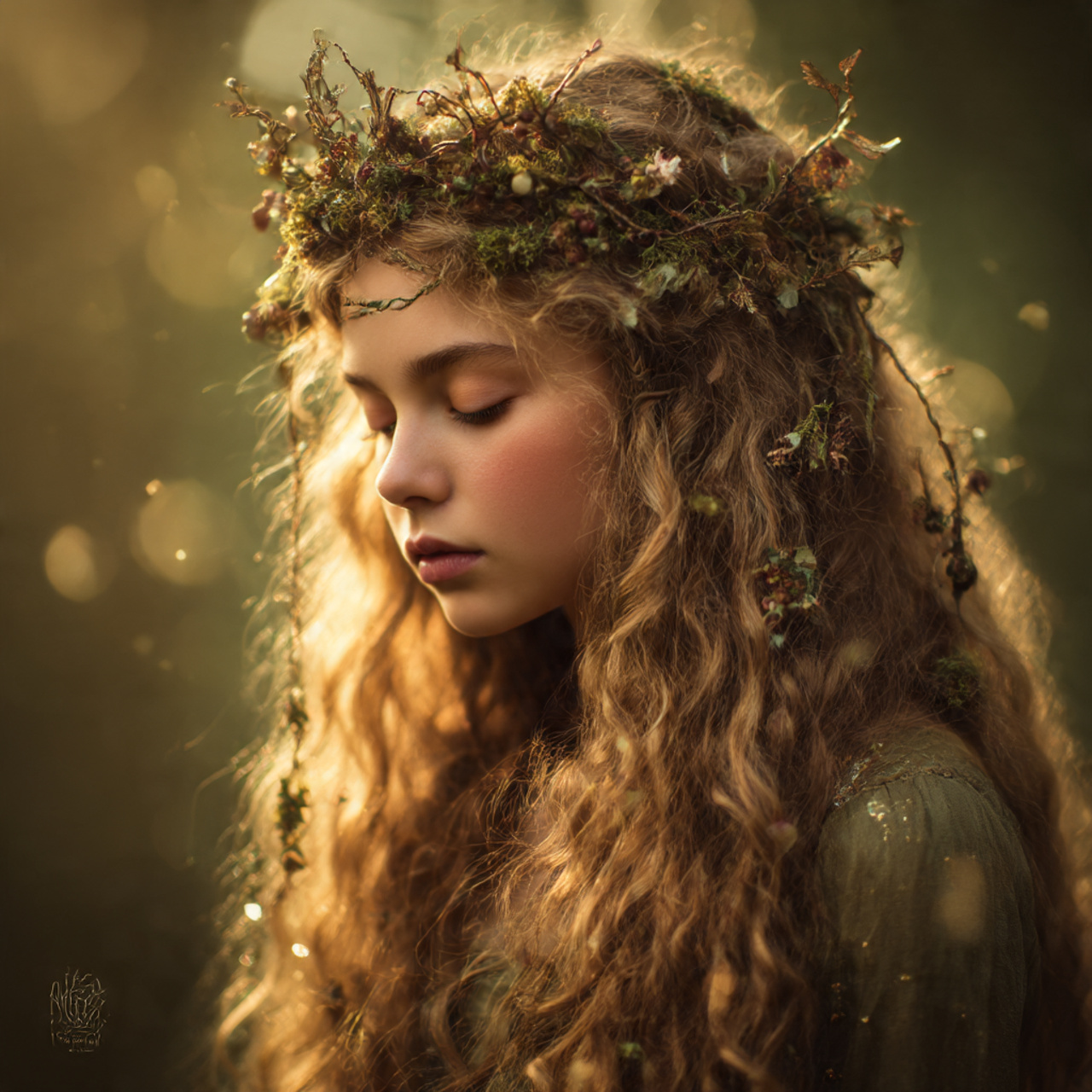 long flowing curls decorated with soft moss