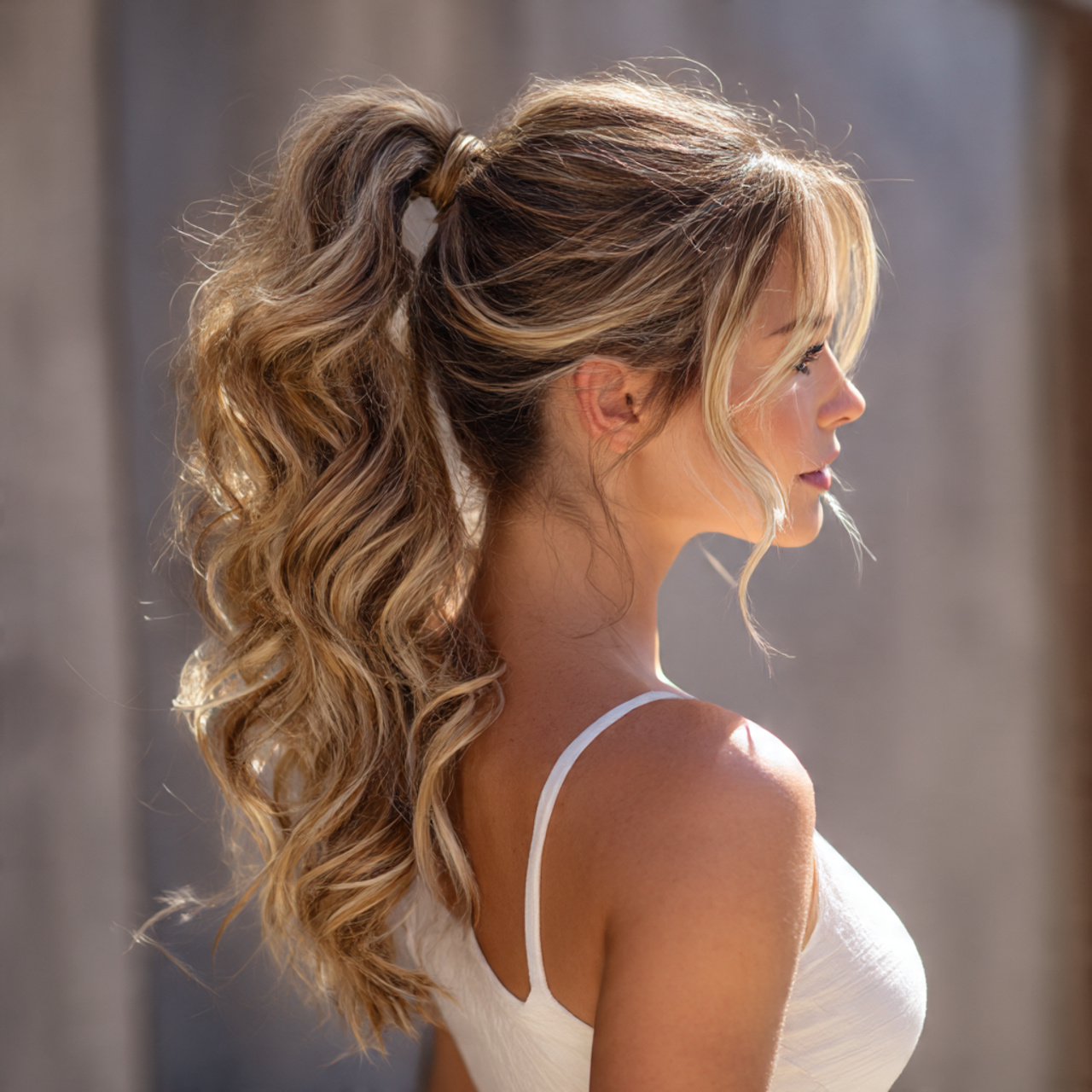 long ponytail with large loose curls natural