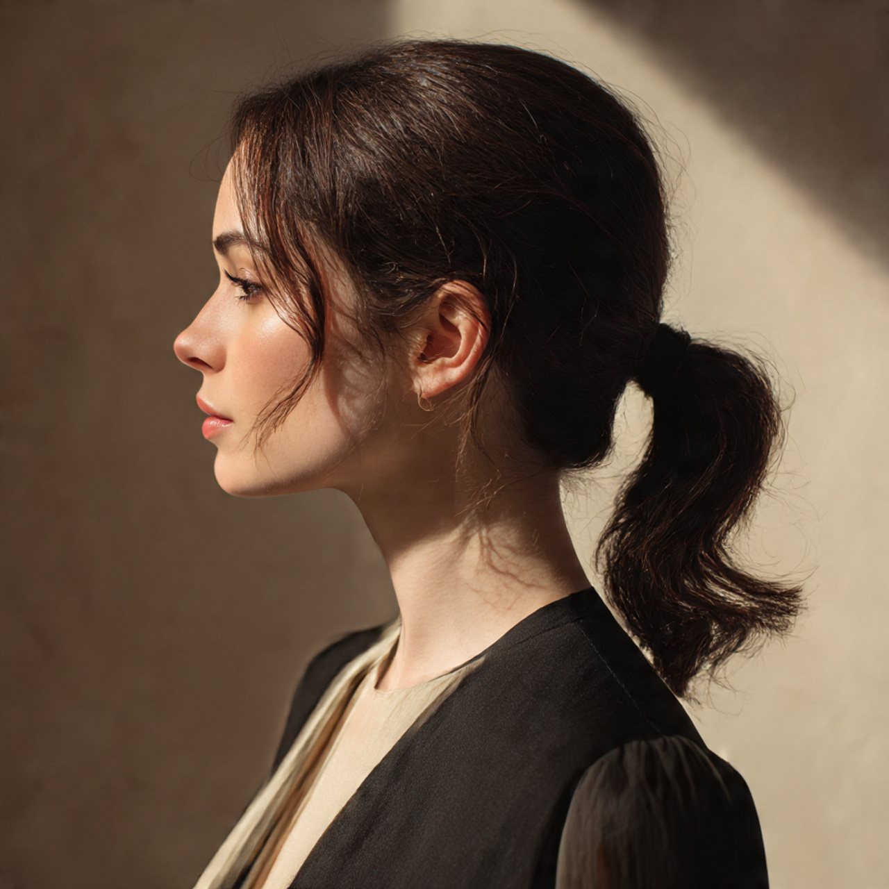 low ponytail resting near the nape of