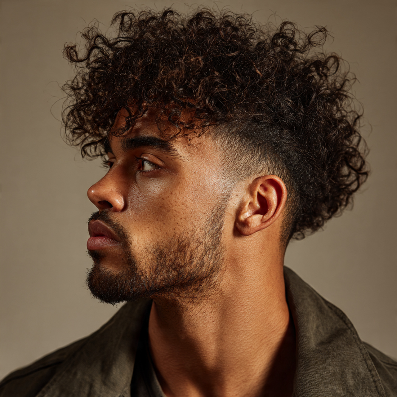 man with defined curly hair styled into