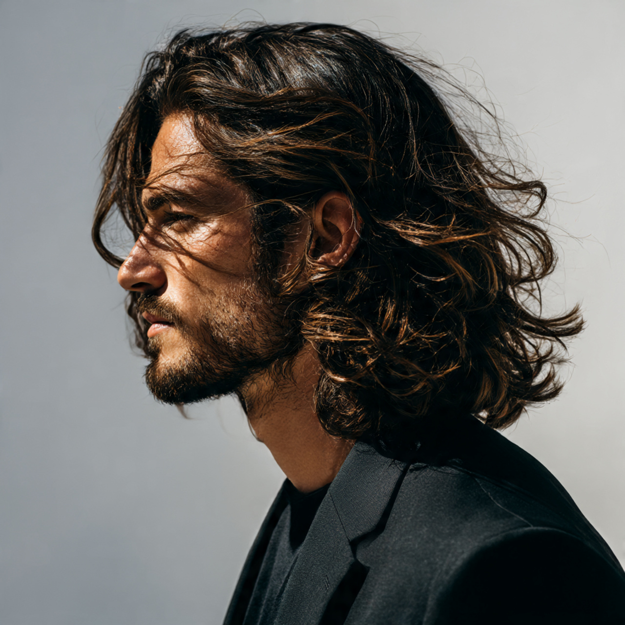 man with long cascading wolf cut layers