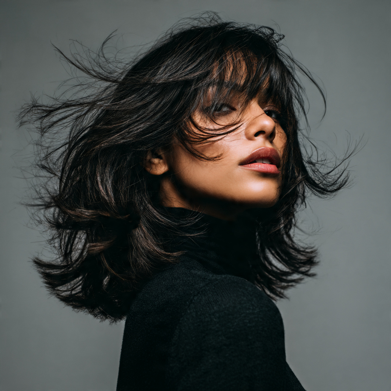 model with medium to long flowy haircut angled perimeter