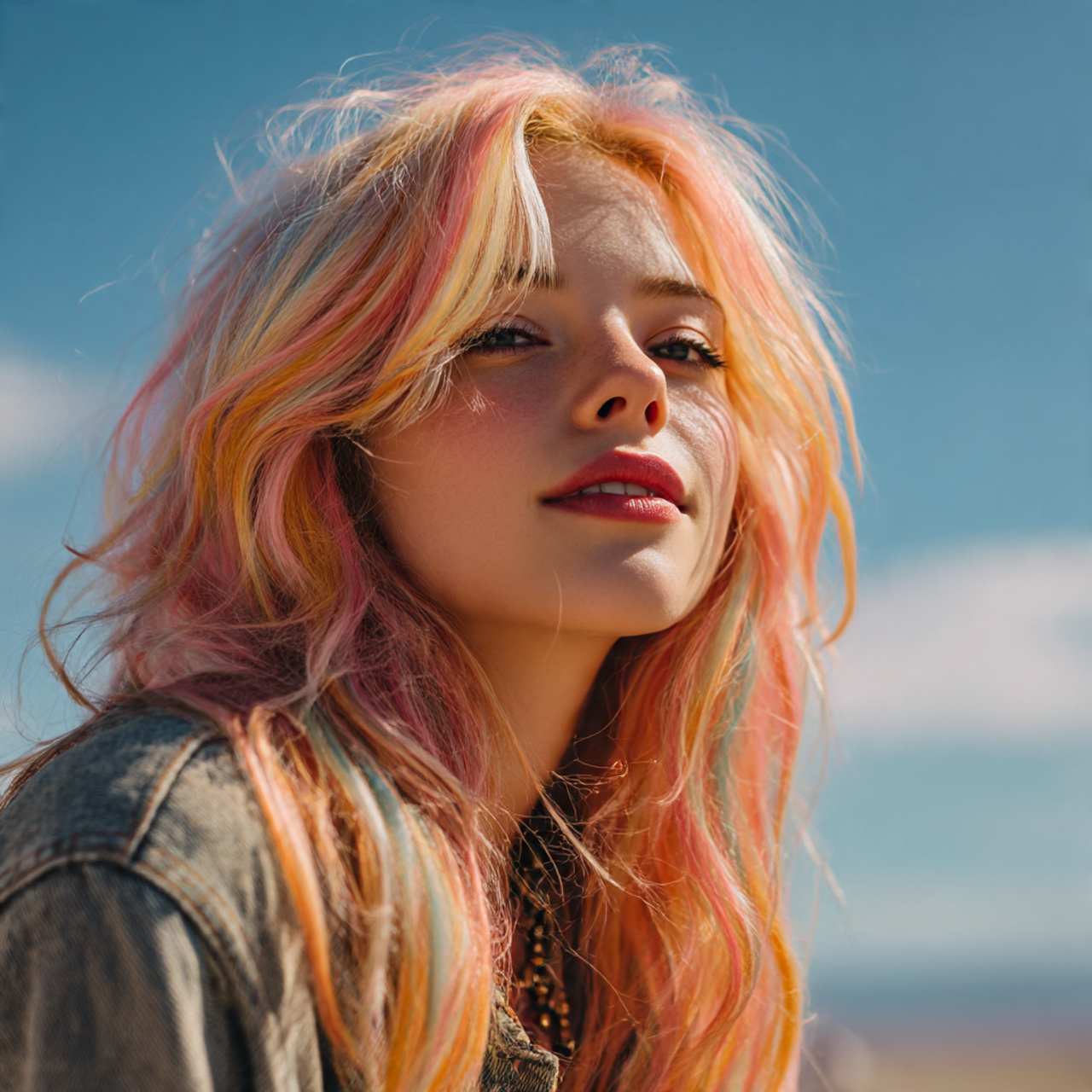 model with temporary calico hair coloring using