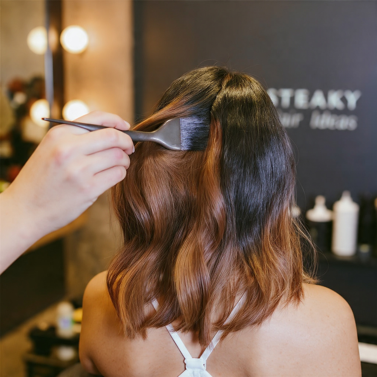 over the shoulder view of a stylist brushing hair