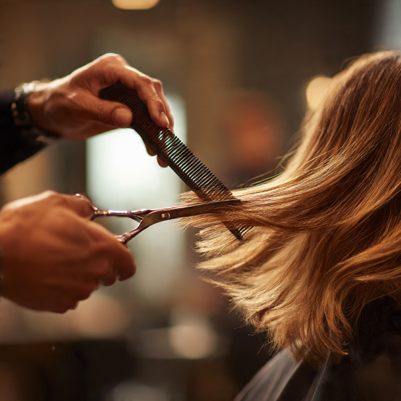 professional hairstylist performing scissor over comb technique on medium length
