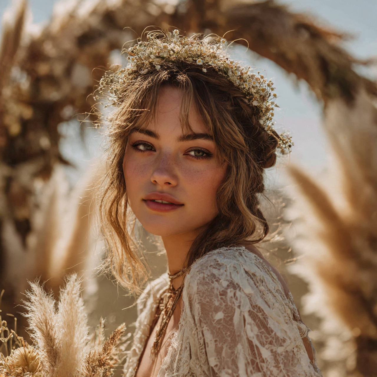 realistic image of a boho bride with