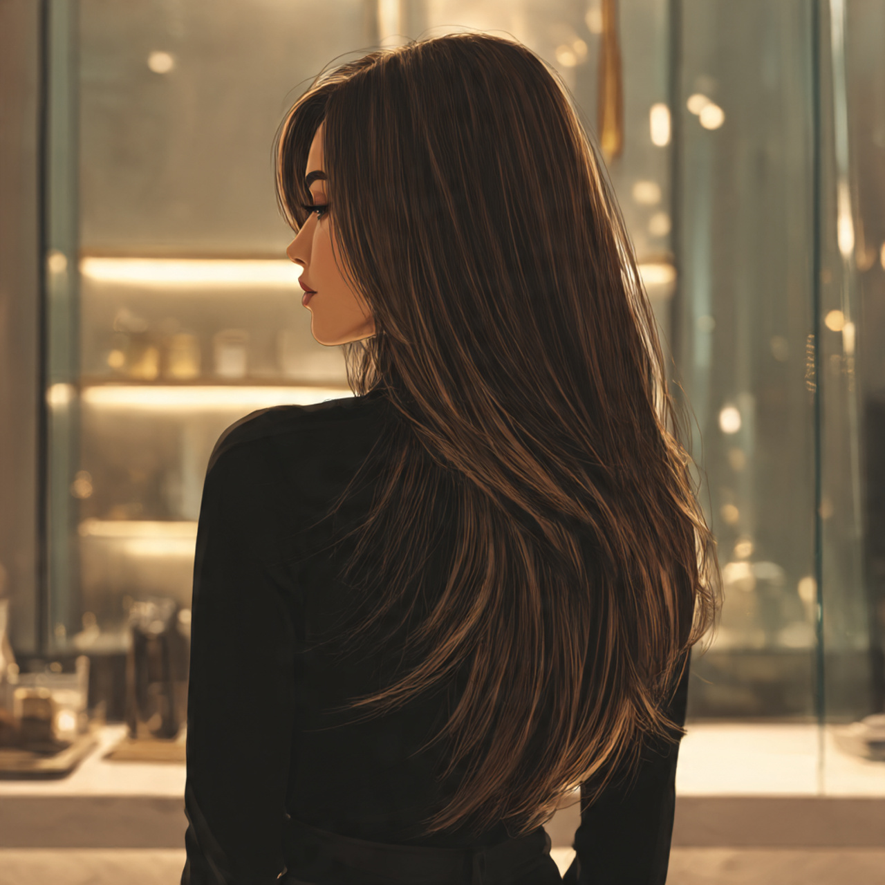 realistic side view of a woman with long