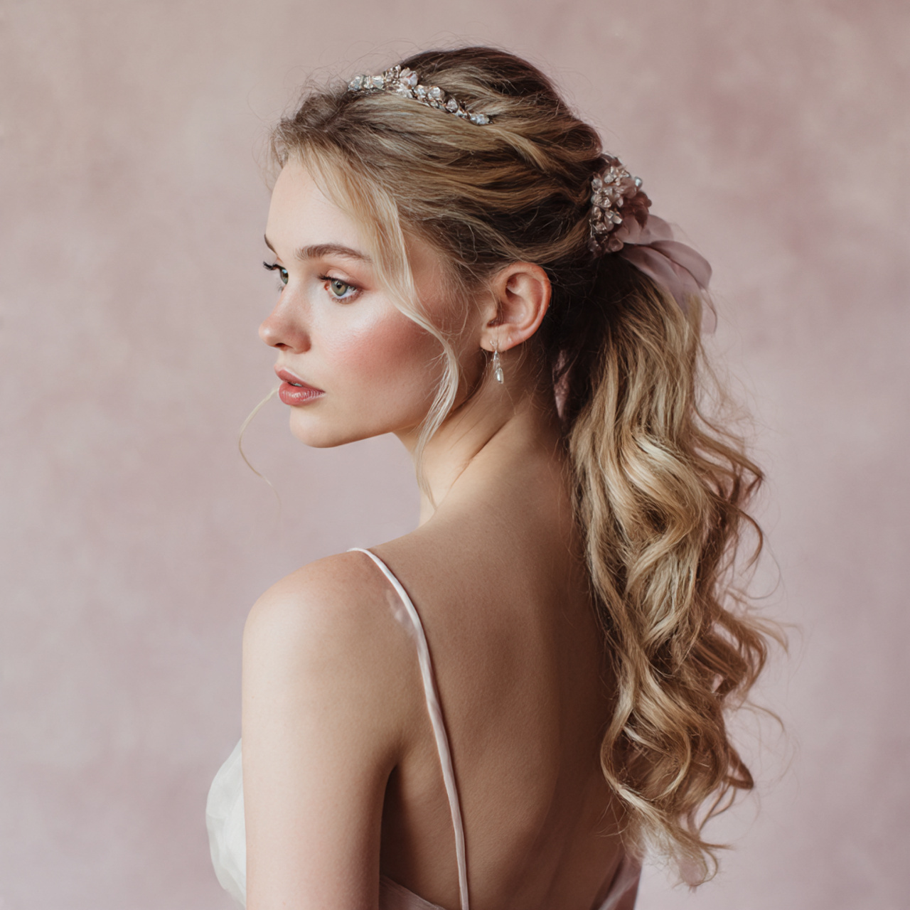 romantic half ponytail with soft curled ends