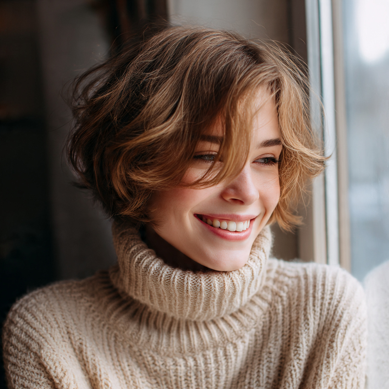 short low maintenance haircut on a smiling person