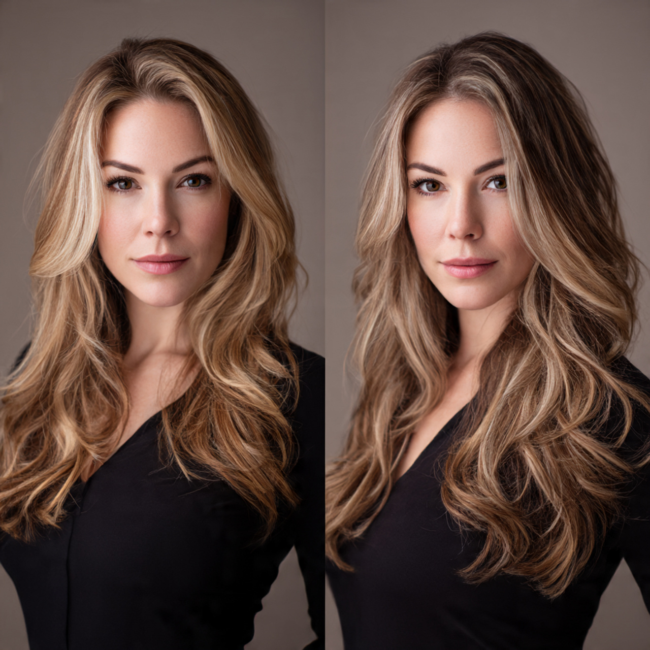 side by side portrait of a woman showcasing hair