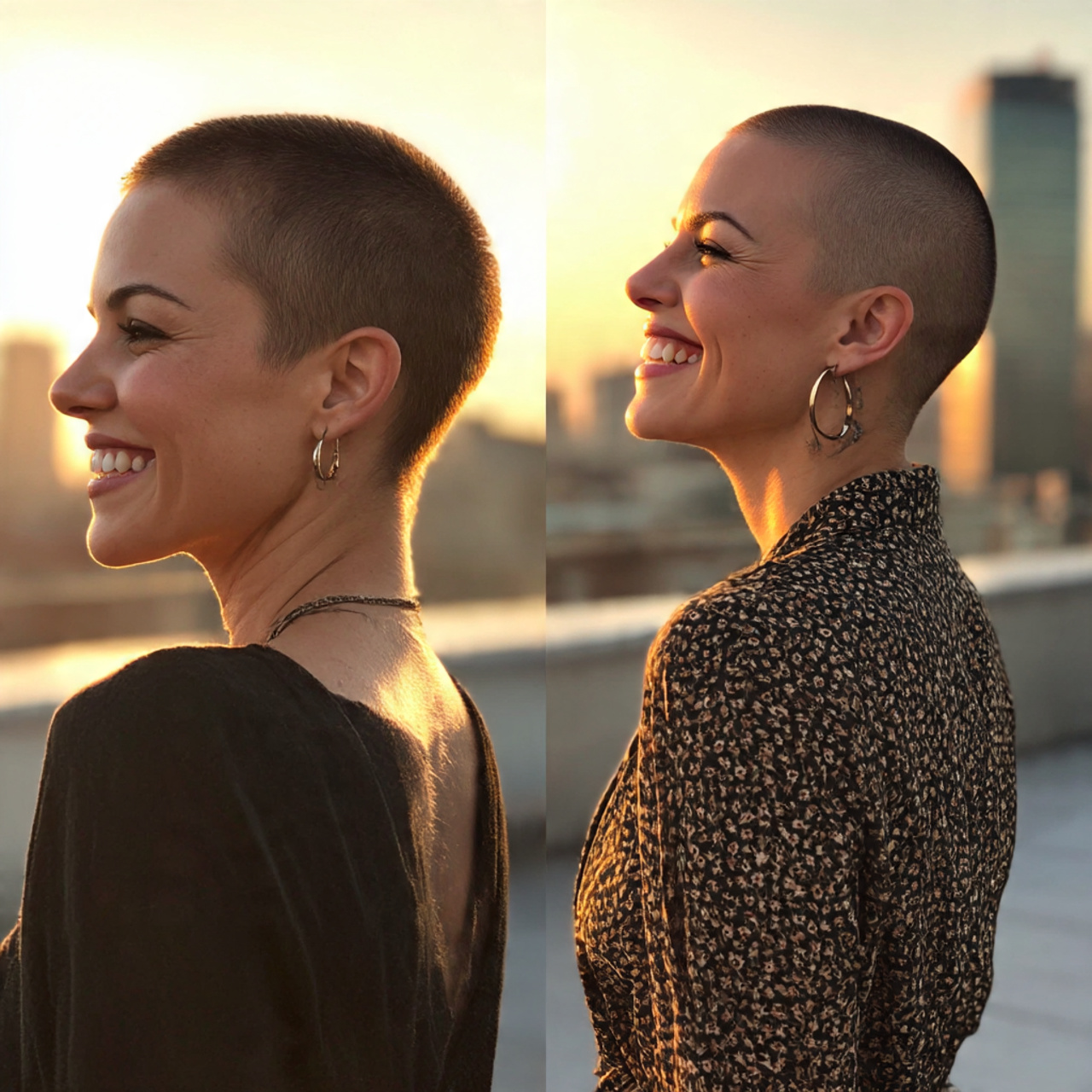 side by side view of a woman transitioning from