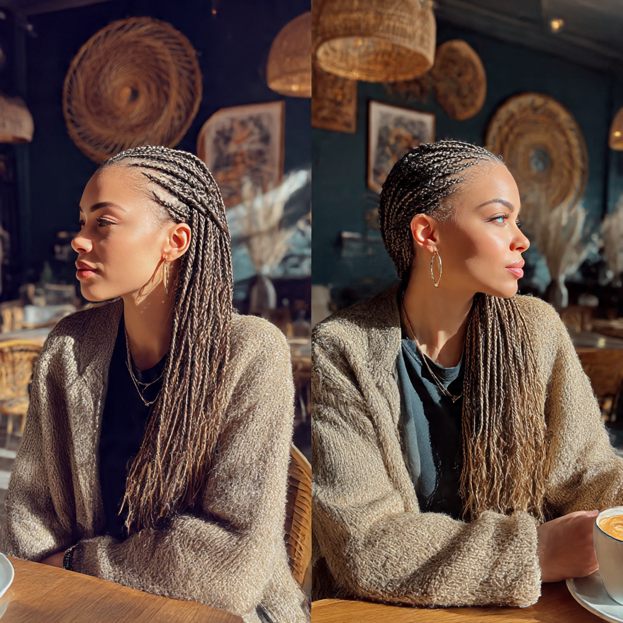 27 Stunning Micro Braid Hairstyles You Need Now! 4 side by side view of a woman with one