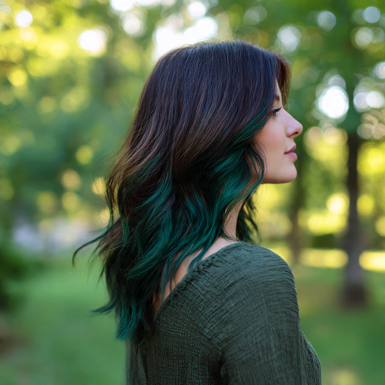 27 Gorgeous Peekaboo Hair Color Ideas Revealed To Enhance Looks 10 side view of a woman revealing emerald