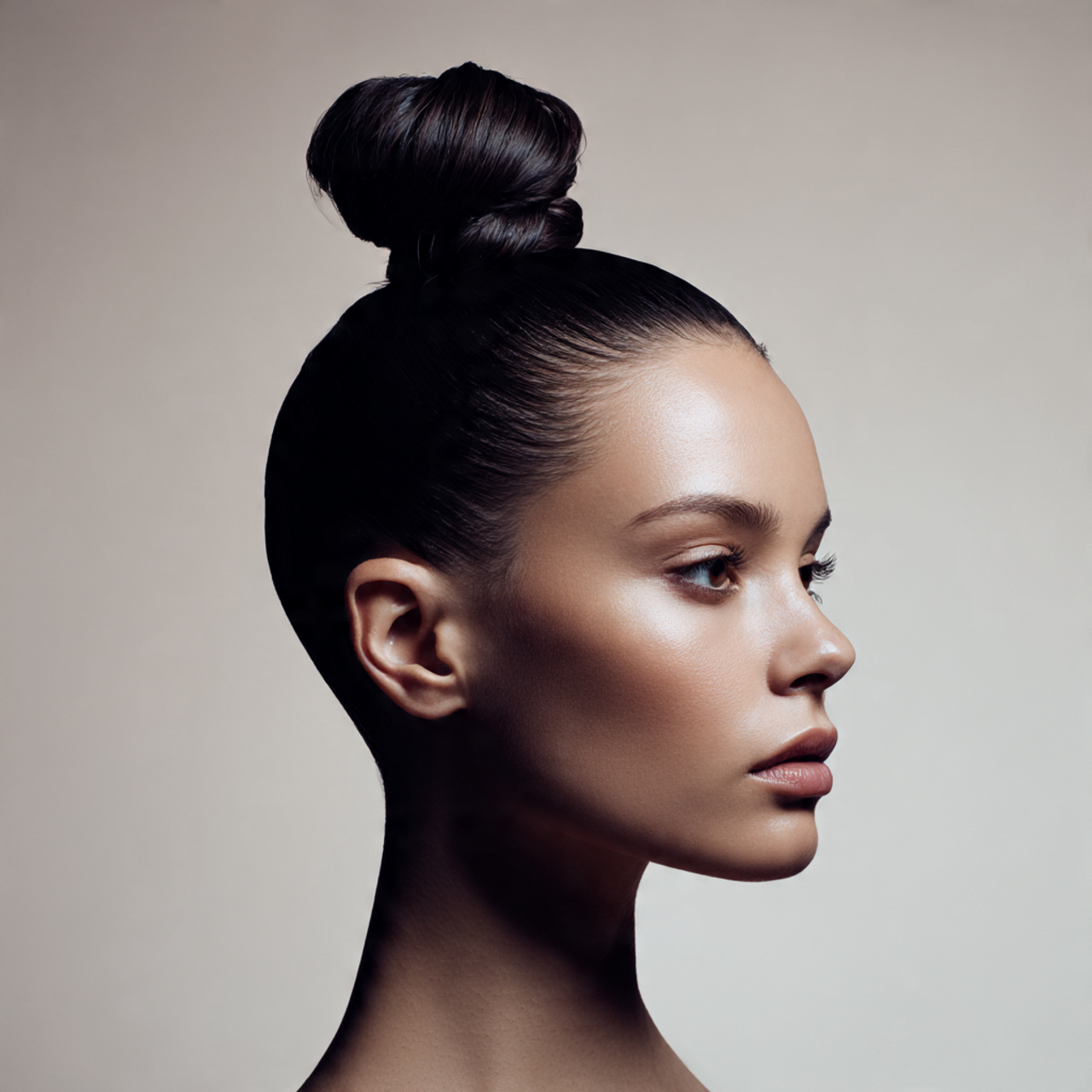 sleek high top knot placed high on