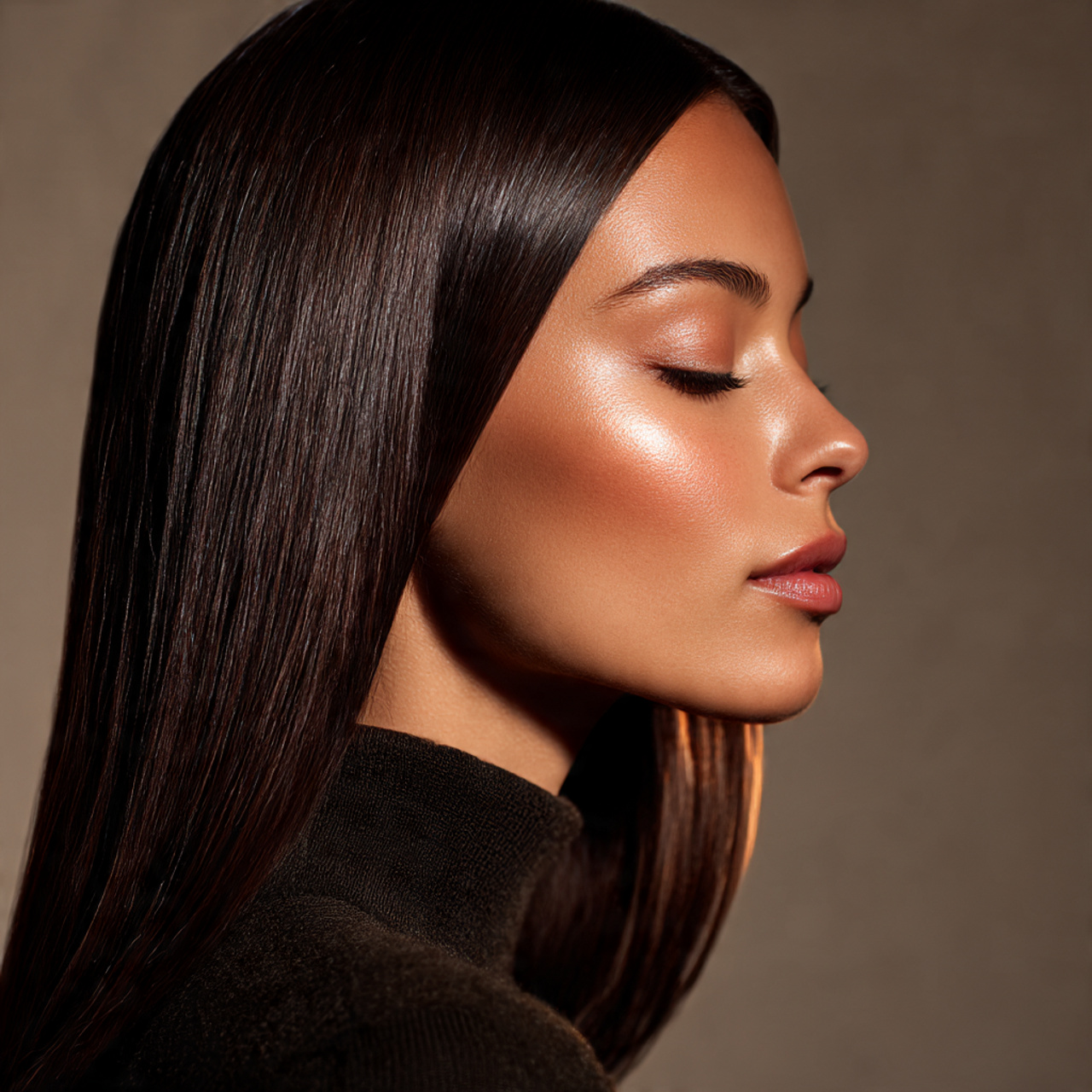 sleek pin straight hair with a clean center