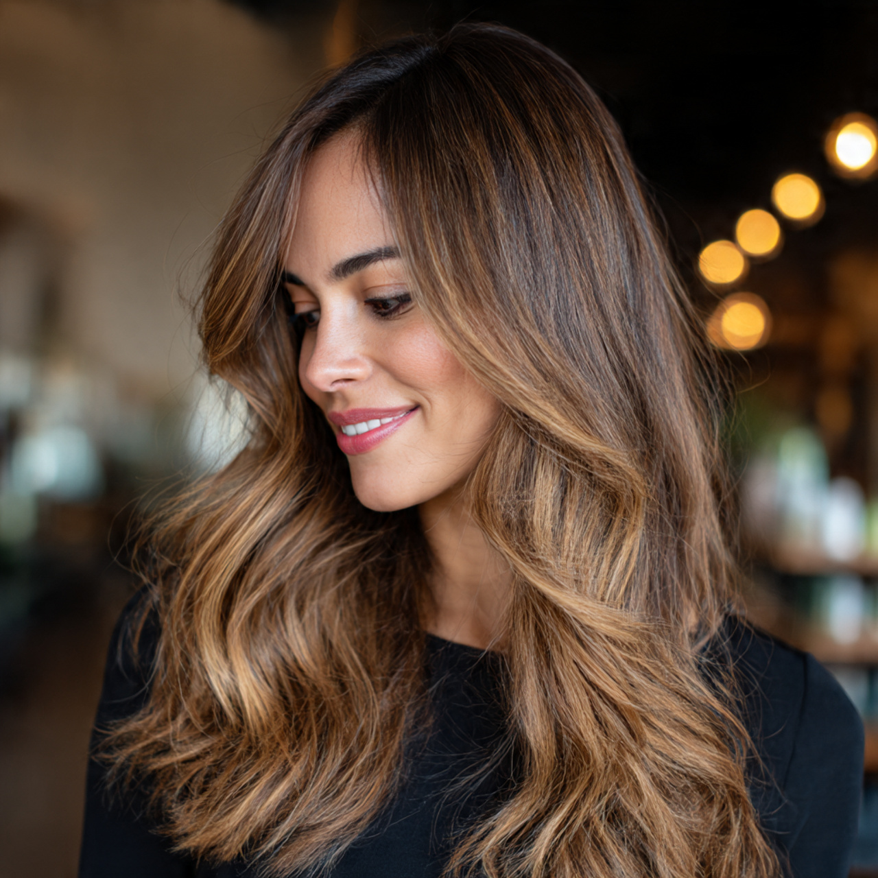 soft balayage blending warm caramel highlights on