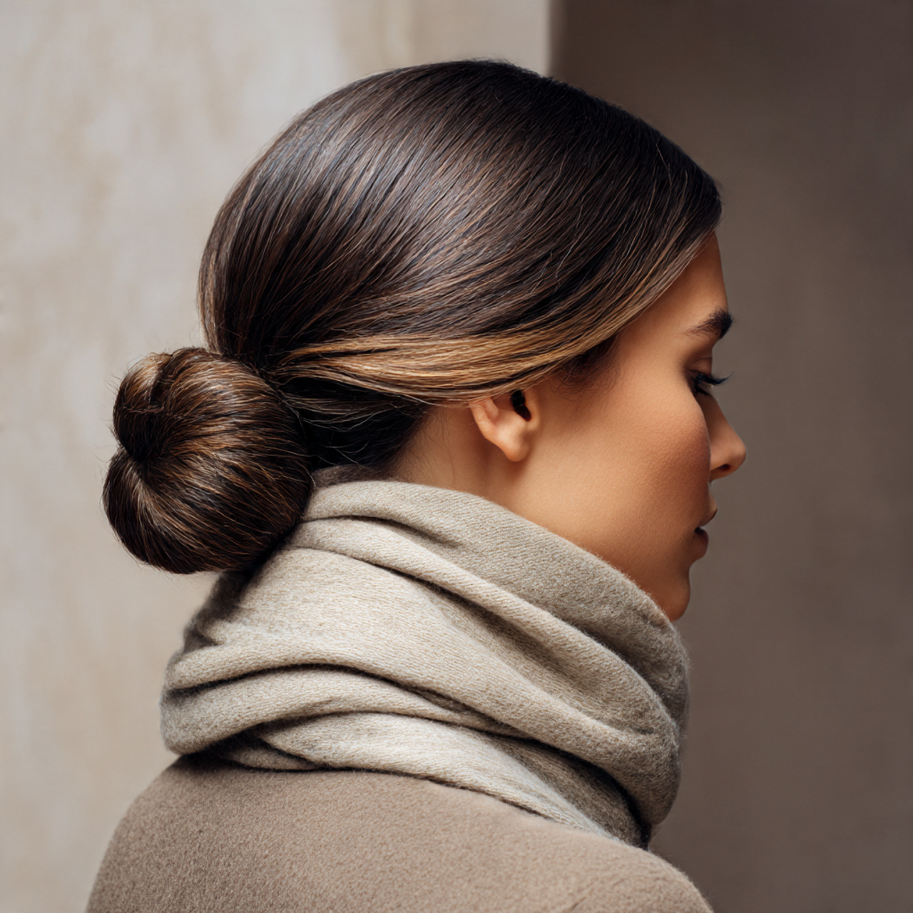 sophisticated winter hairstyle sleek low bun at