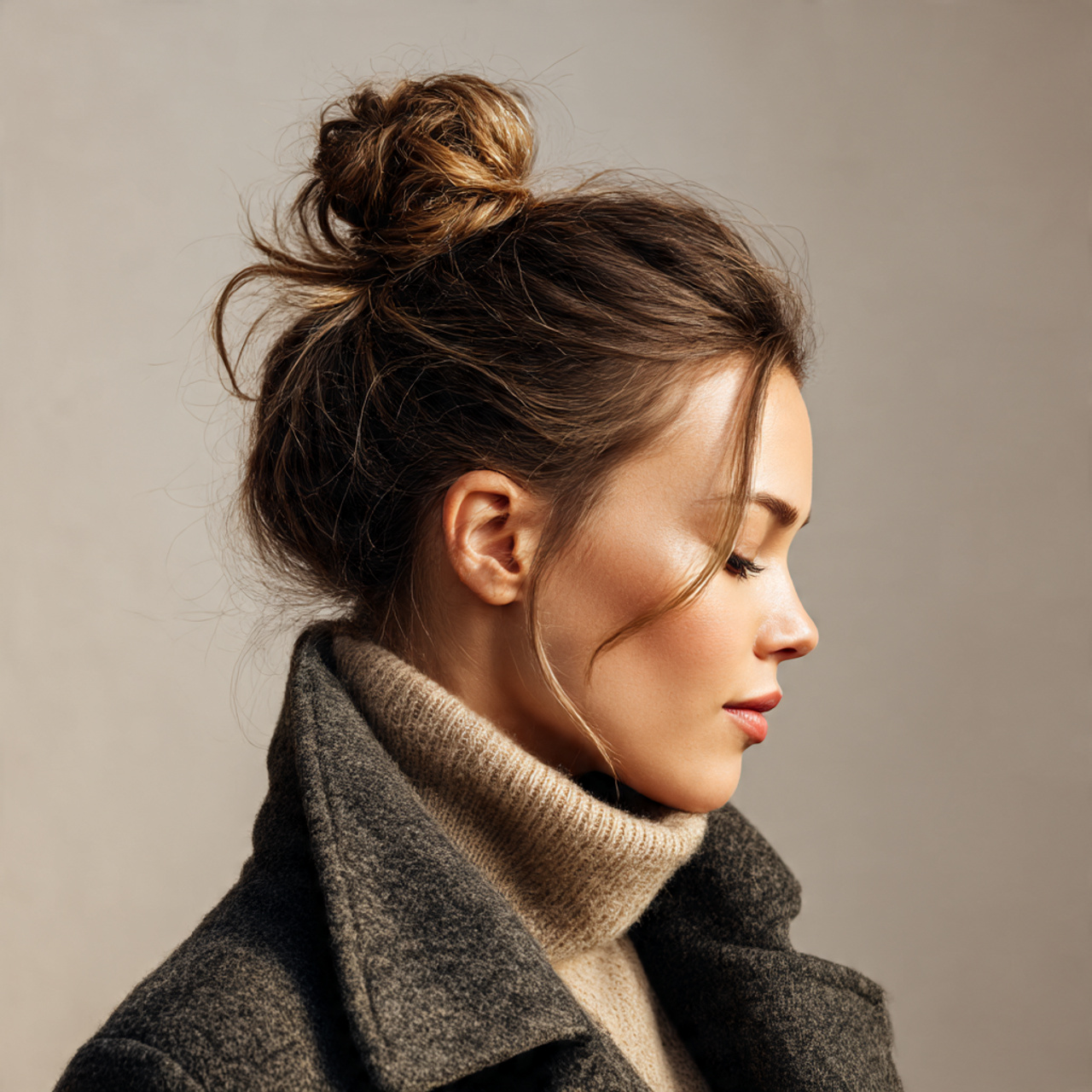 stylish high top knot hairstyle for winter