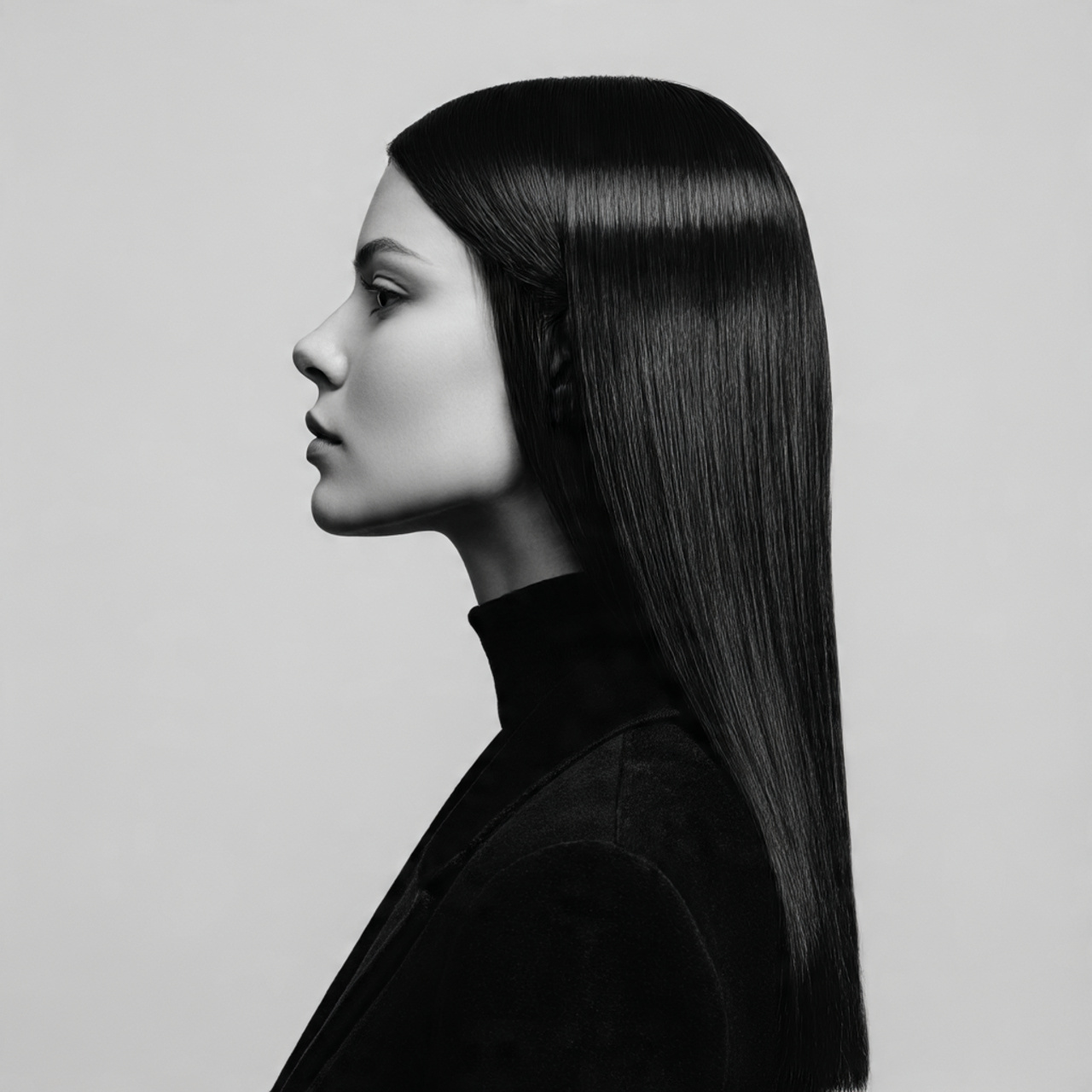 super straight glossy hair with minimal volume