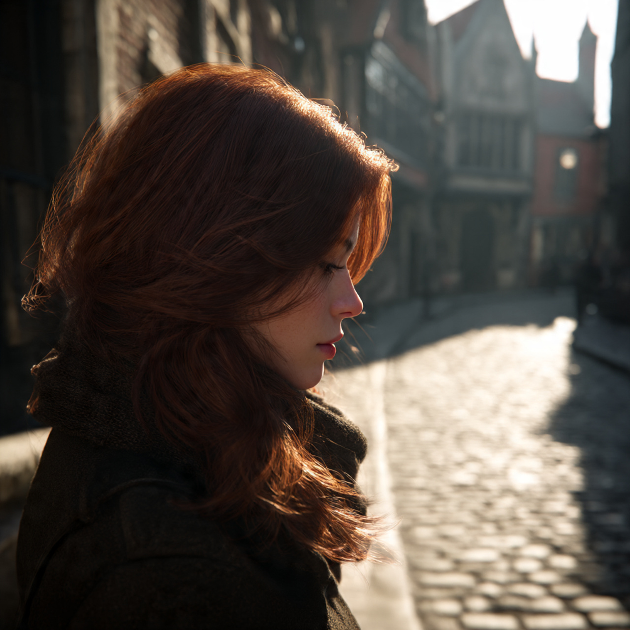 three quarter view of a woman with dark