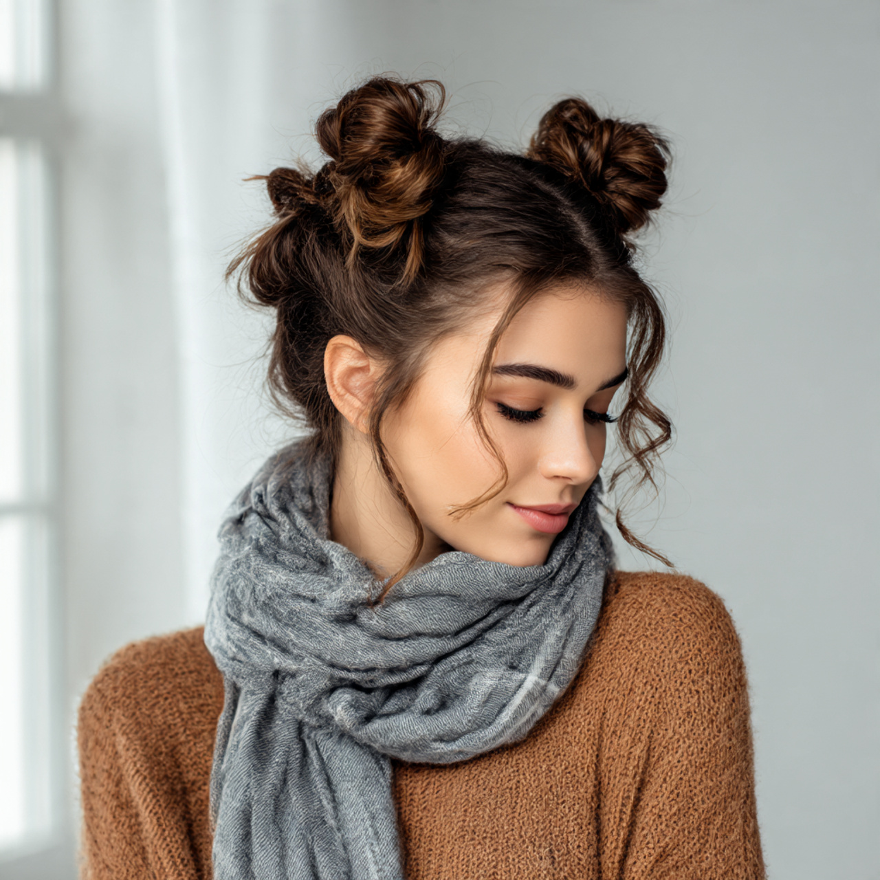 trendy half up mini buns hairstyle on medium length