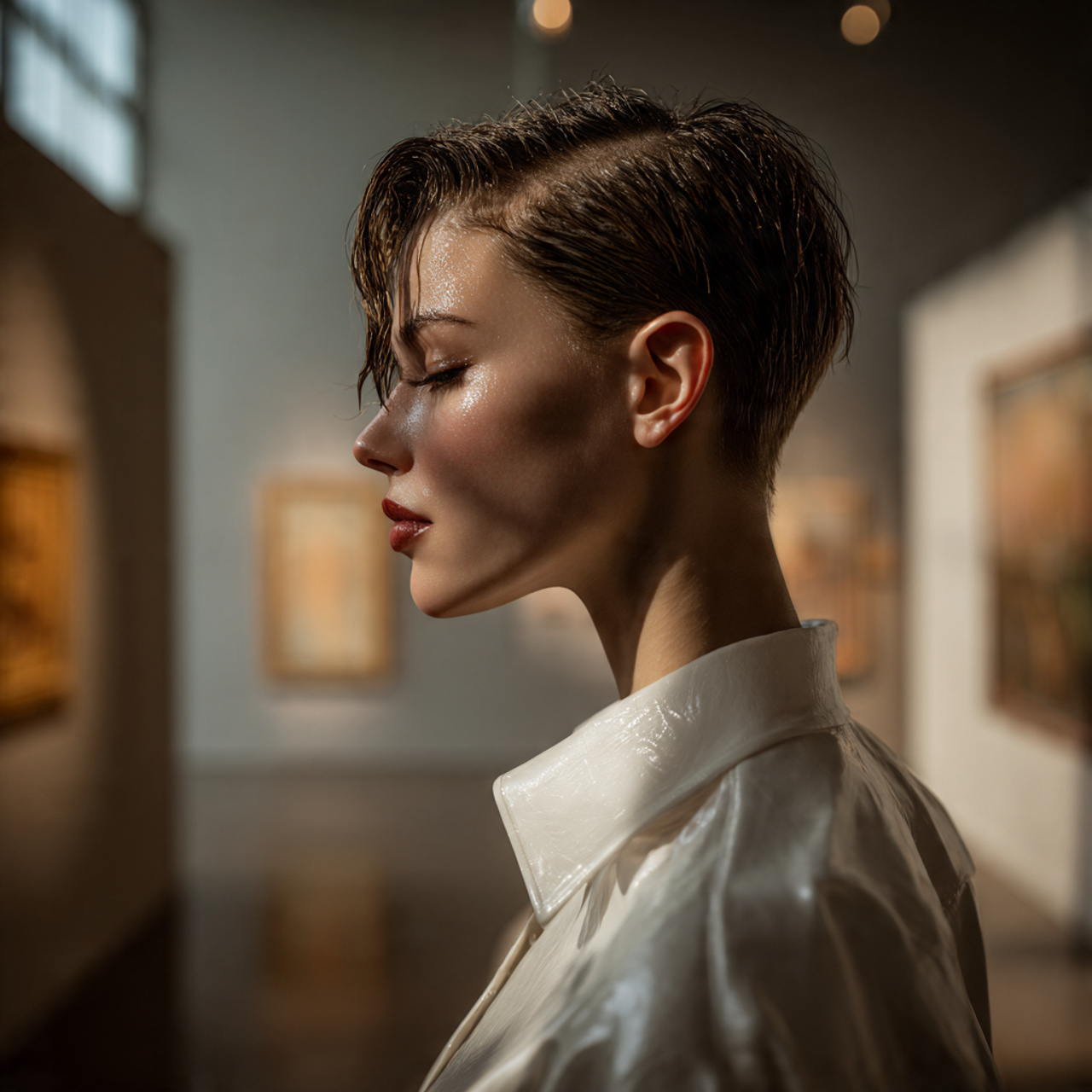 ultra real woman with a slicked back short haircut