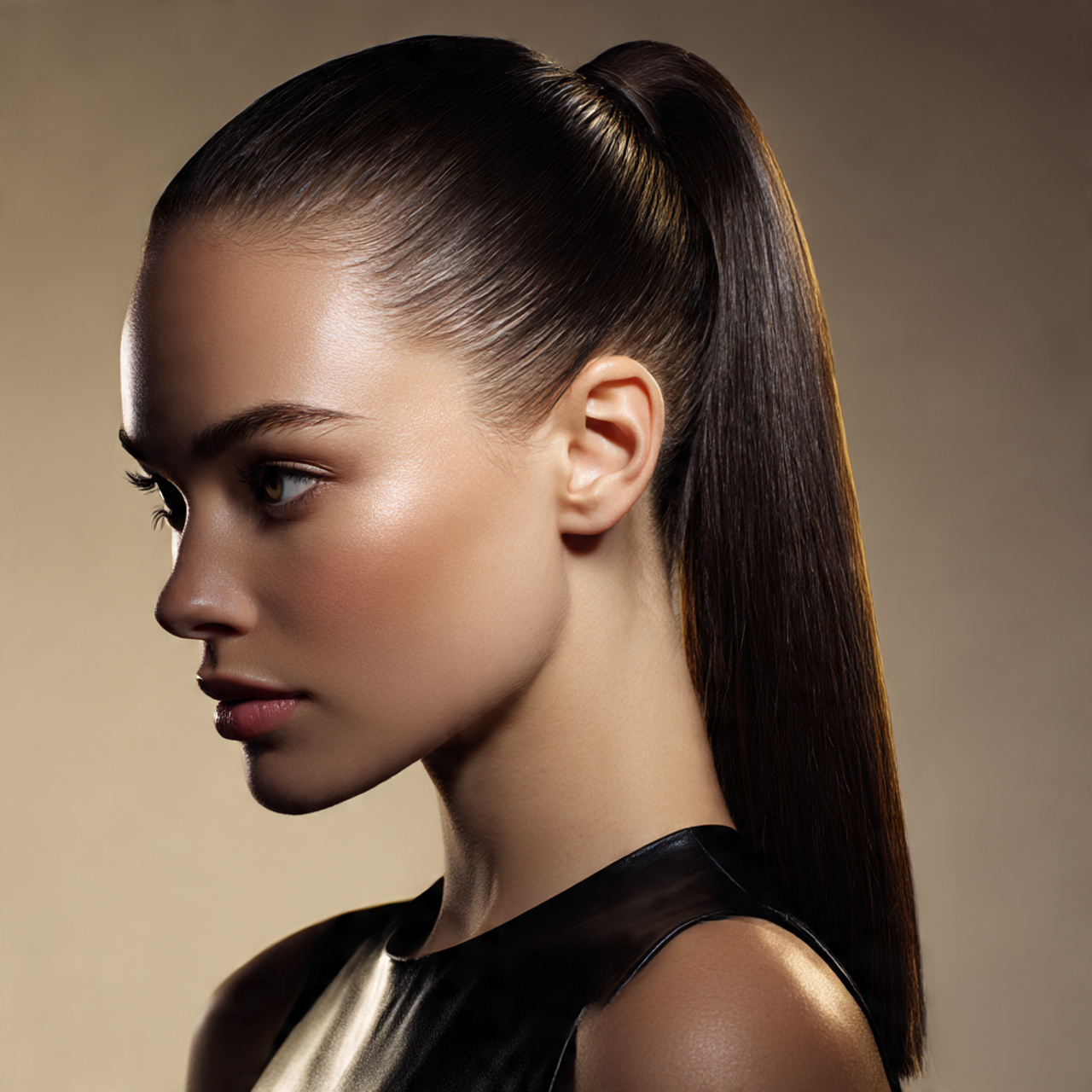 ultra sleek high ponytail on shiny smooth hair