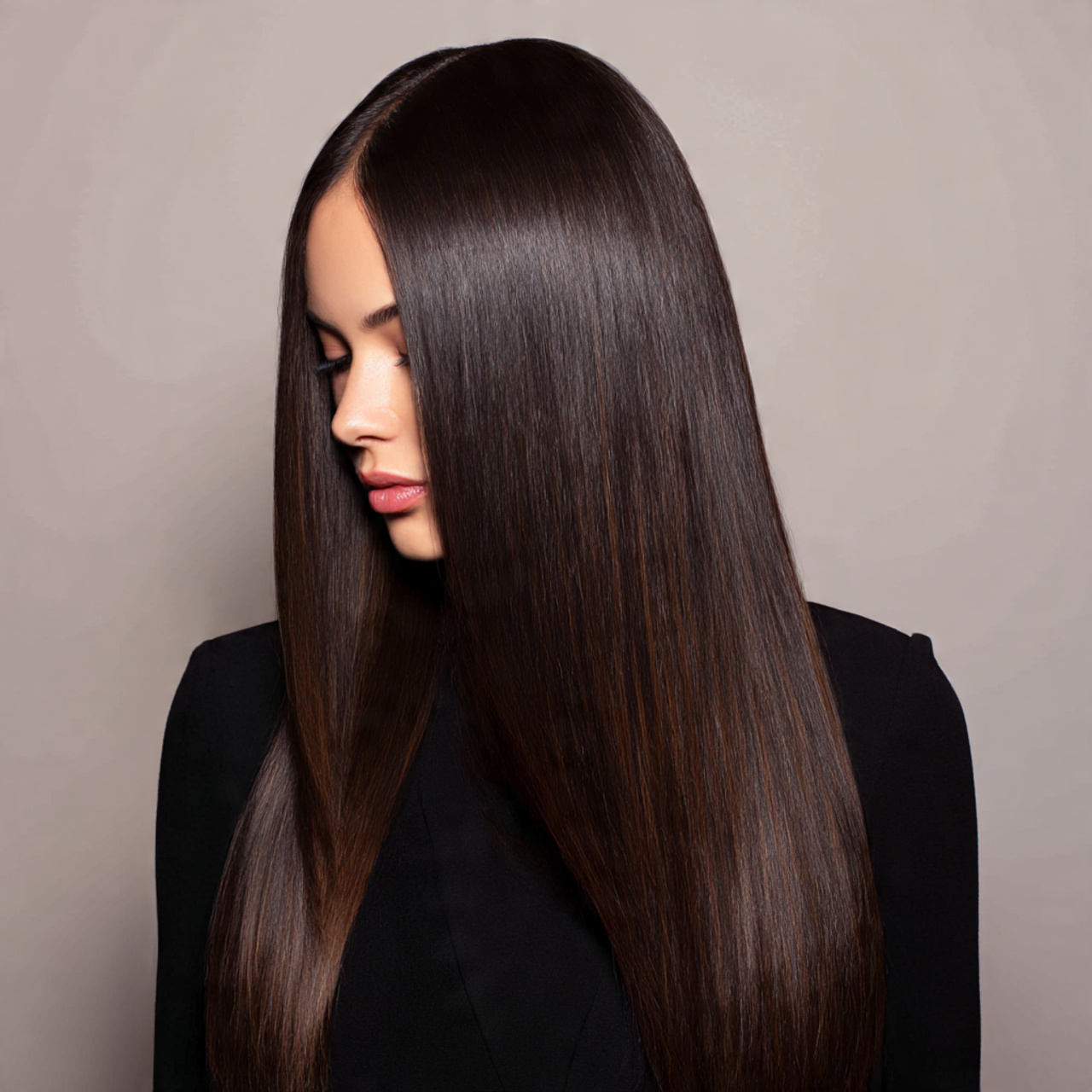 ultra sleek straight hair with a perfect center
