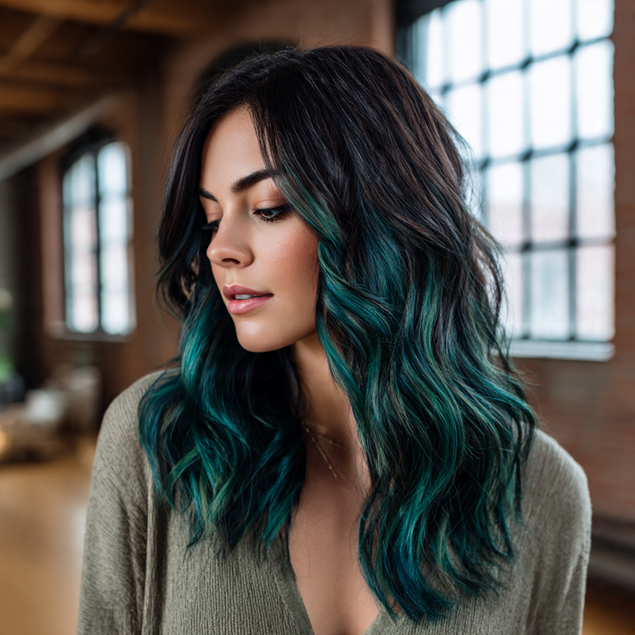 woman showing subtle teal peekaboo layers under