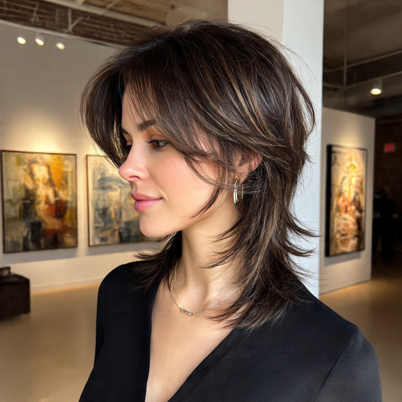 woman with dark hair dimension wolf cut