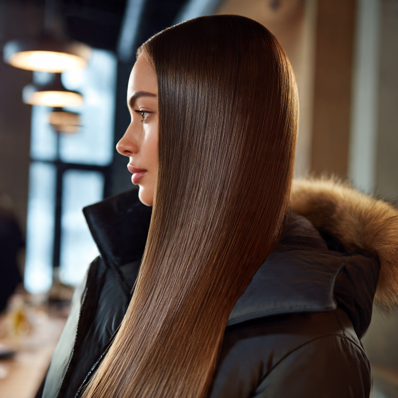 woman with sleek straight winter hairstyles perfectly