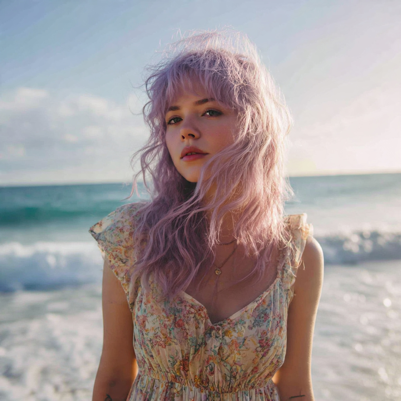 young lady with muted lavender pastel hair summer