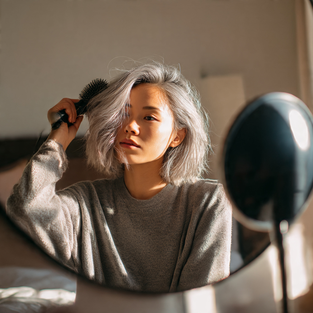 young woman styling her grey bob in