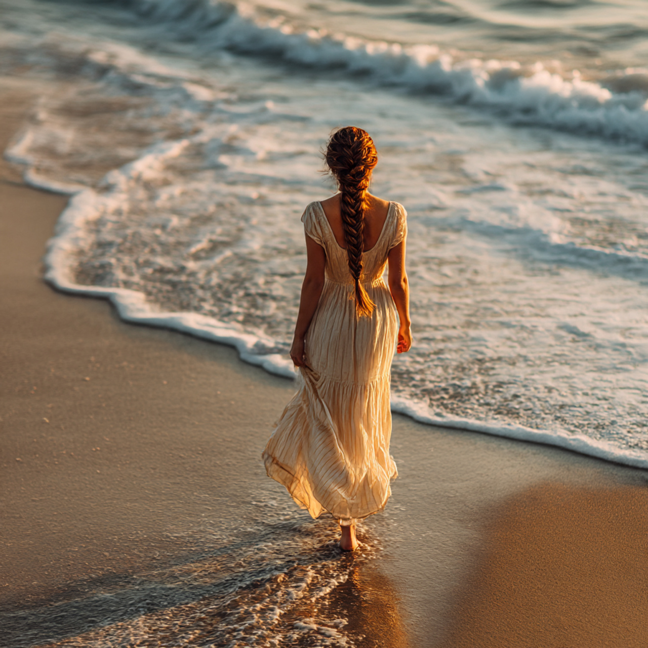 young woman walking along the shoreline with