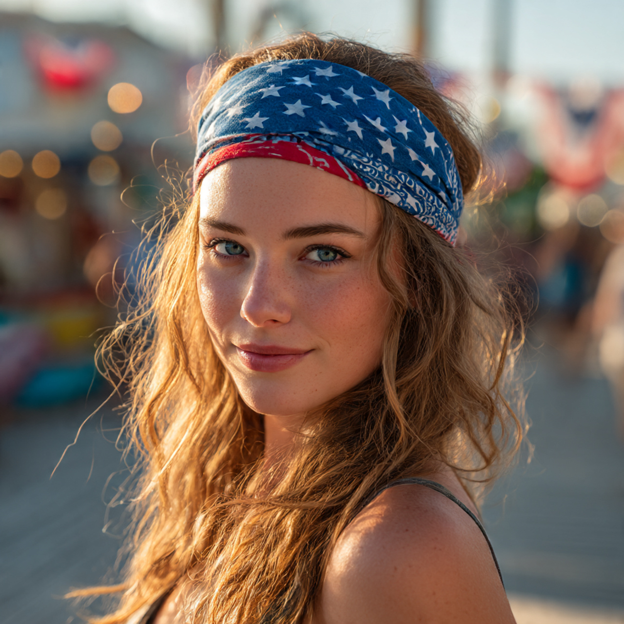 young woman with a star spangled bandana folded 2