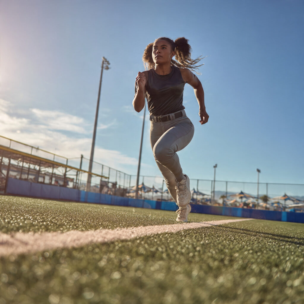 a female softball player in mid game wearing