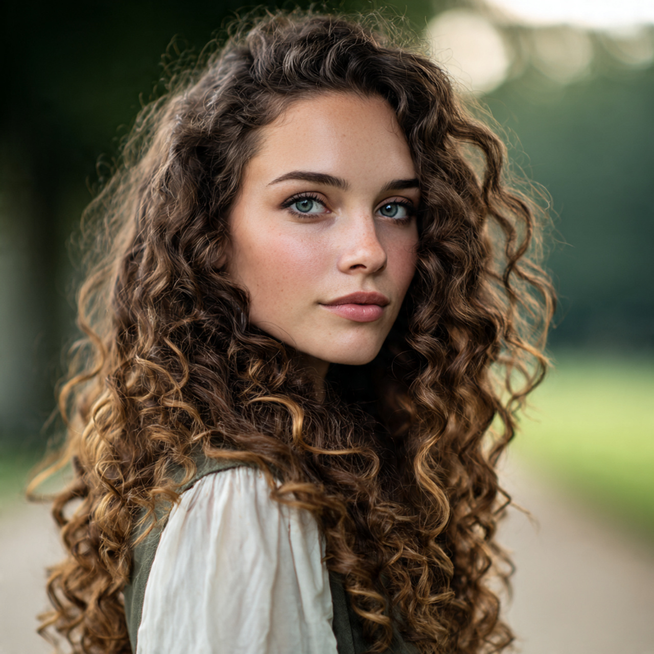 a realistic salon style portrait featuring long layered