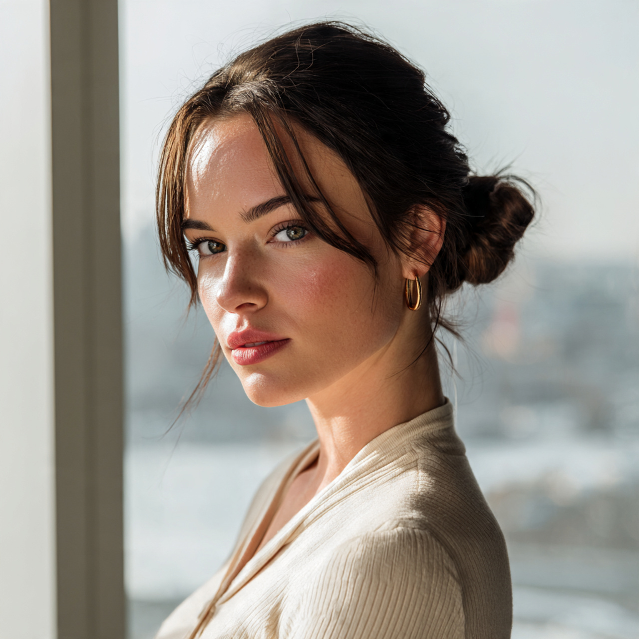 a woman with a low knotted bun