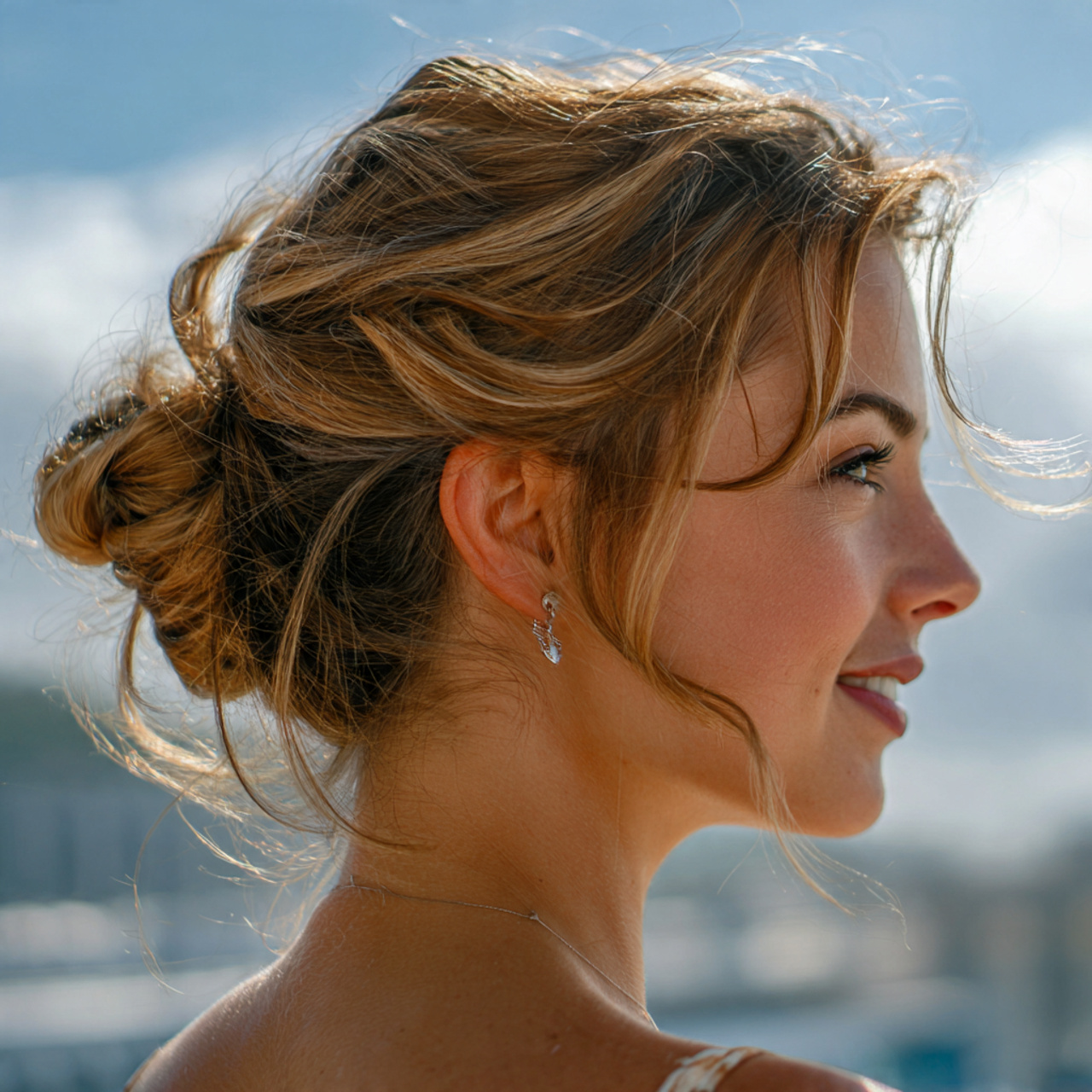 Beach Wedding Hair: 12 Wind-Proof & Beautiful Styles 2 an attractive woman having beachy low messy bun wi