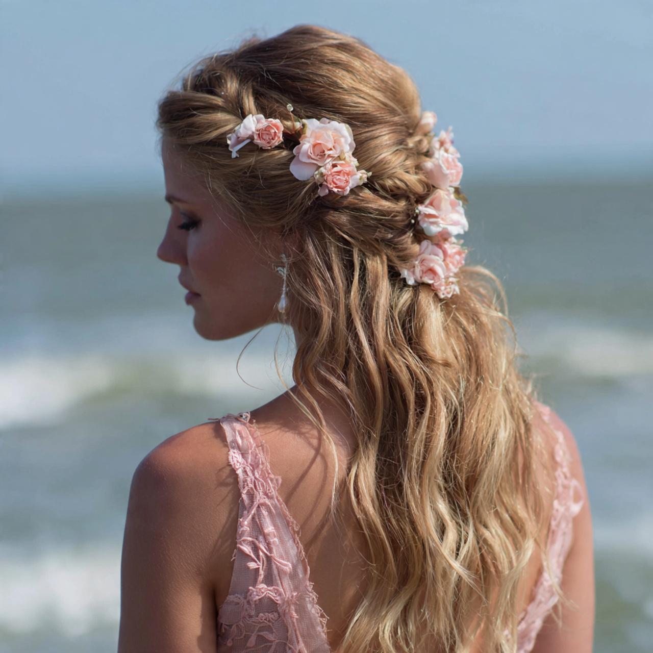 Beach Wedding Hair: 12 Wind-Proof & Beautiful Styles 9 an attractive woman having beachy pinned back wave